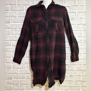 Wilfred Free cozy plaid extra long button down, purple and black- extra small​
